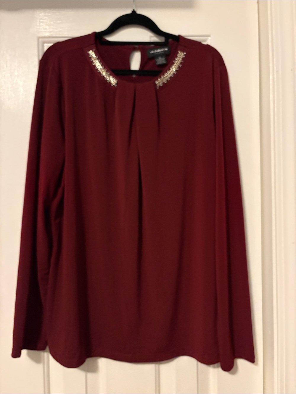 Liz Claiborne Burgundy Long-Sleeve Blouse with Jeweled Neckline